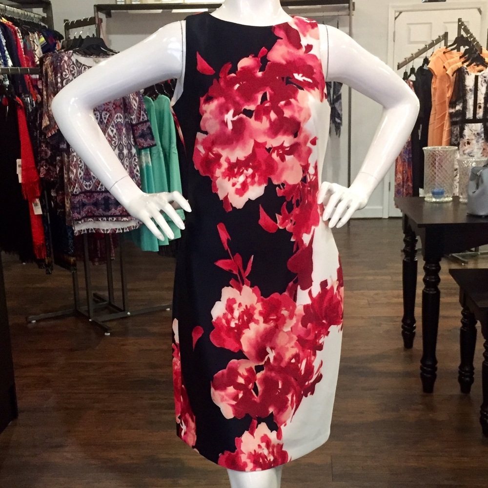Lauren Ralph Lauren Black White Midi Dress with Red Floral Print